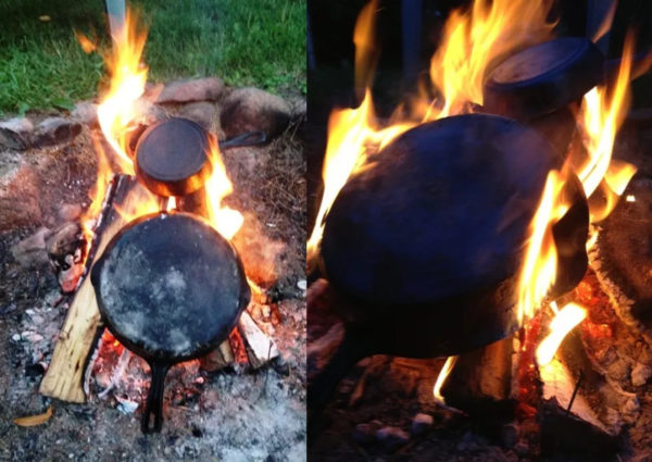 Чистка сковороды от нагара с помощью открытого огня