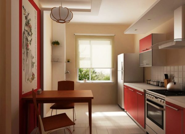 Использование одной стены в однорядной планировке тесной кухни, позволяет расположить обеденный стол у противоположной стены