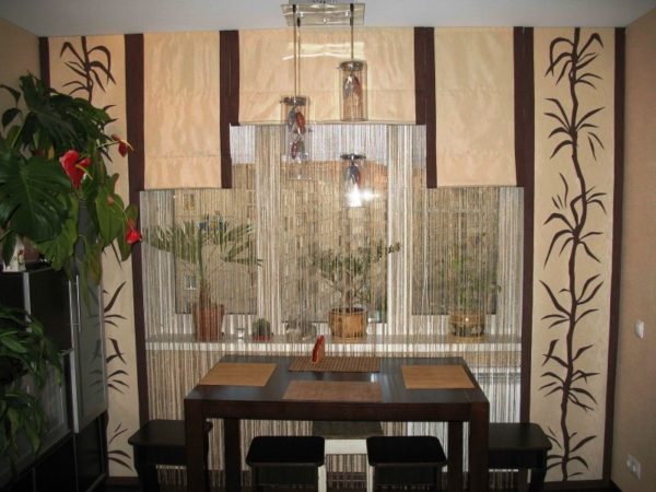 Японские шторы в интерьере кухни в восточном стиле