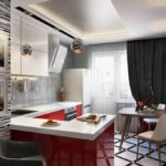 Красный цвет в сочетании с белым сделает яркий контраст нв дизайне кухни в стиле хай-тек