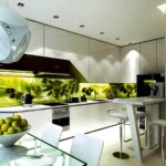Использование стекла с нанесением печати является отличной идеей для отделки фартука на кухне в стиле хай-тек