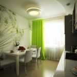 Интересно смотрятся фотообои в дизайне стен малогабаритной кухни 7 м кв.