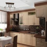 Фото интерьера небольшой кухни в бежево-коричневом цвете